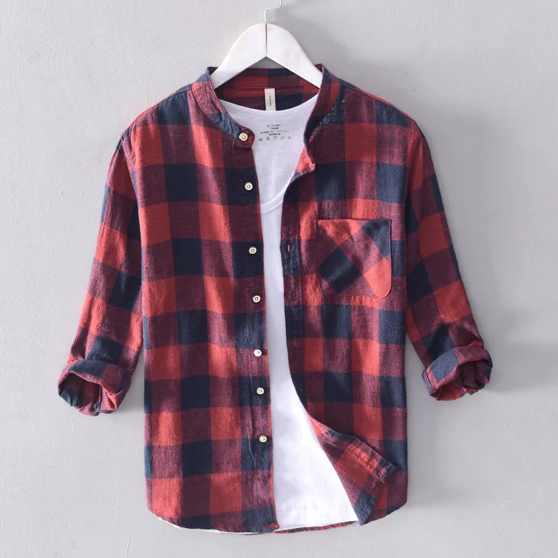 Men Linen Shirts Plaid Casual Shirt Men Shirts Male Tops Cloth