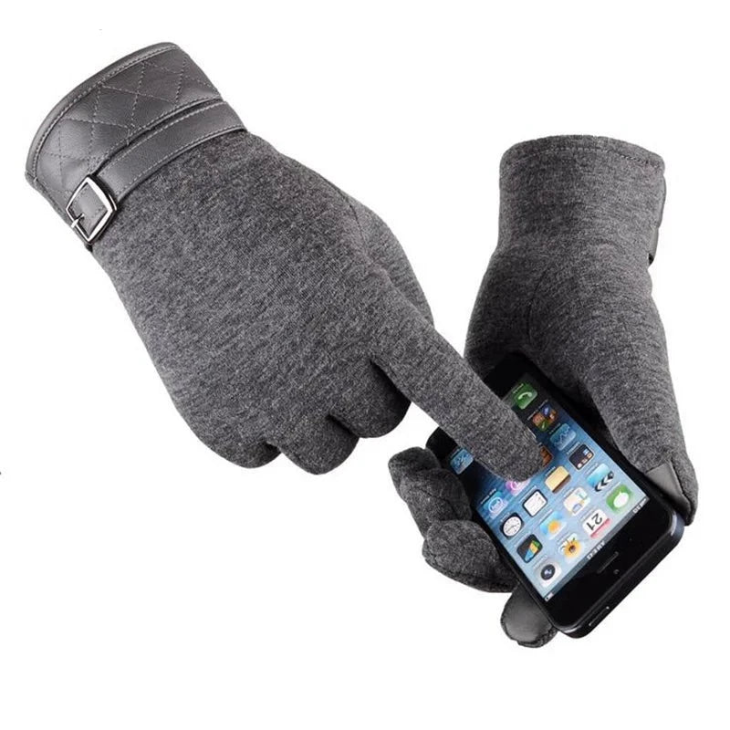 Men's Black Winter Warm Gloves For Wool Leather Wrist Soft Cashmere Touch Screen Gloves