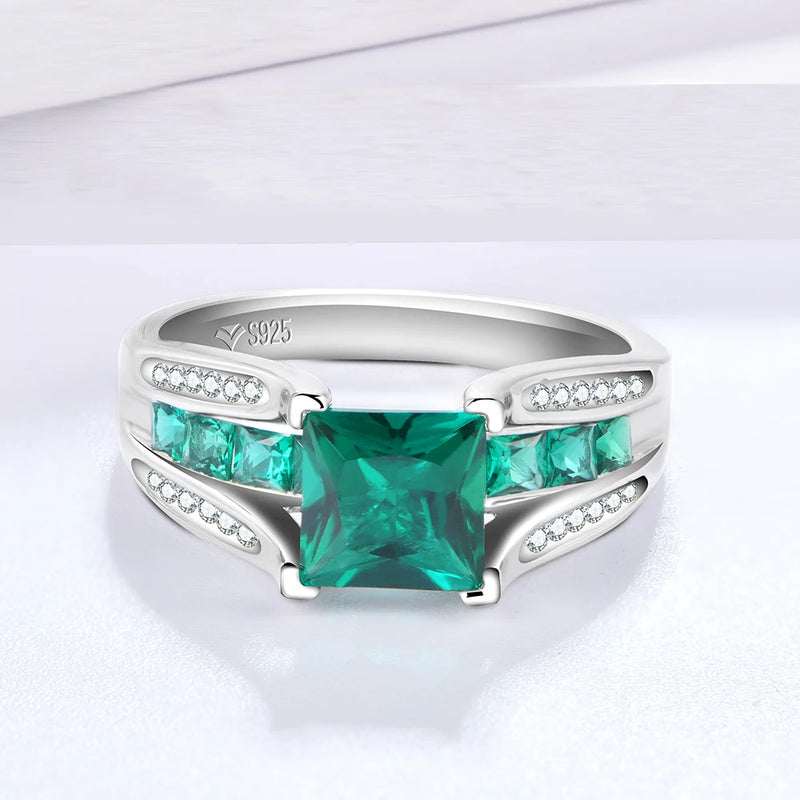 Sterling Silver Emerald Cut Emerald Created Gemstone Simple Ring For Women Fine Jewellery