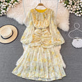 French Elegant Chiffon Dress Women Spring Autumn Puff Sleeve Sweet Floral Print Beach Dresses Ladies Bodycon Boho Dress