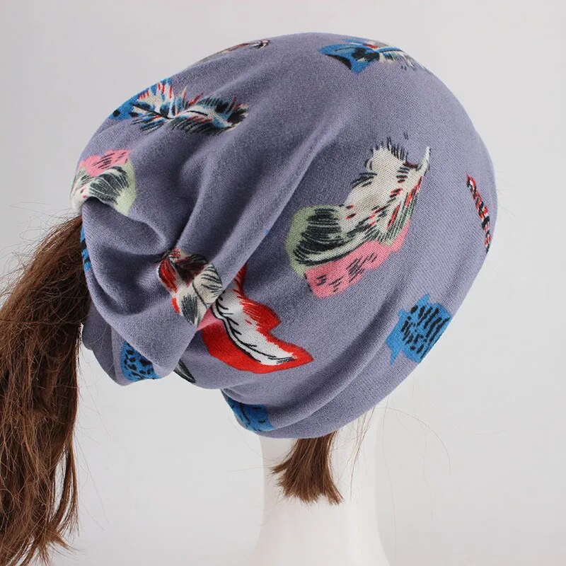 Autumn Women Warm Beanies Skullies Double Used Casual Girl Hat Scarf Leaf Female Bonnet Hats