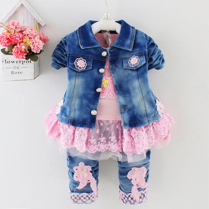 Spring Autumn Infant Toddler Baby Girl Denim Clothing Sets Long Sleeve T Shirt Tops Denim Jacket and Jeans Trousers