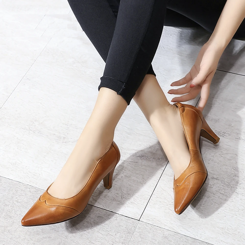 Women Leather Dress Pumps Handmade Comfort Elegant Pointed Toe High Heels Ladies Shoes