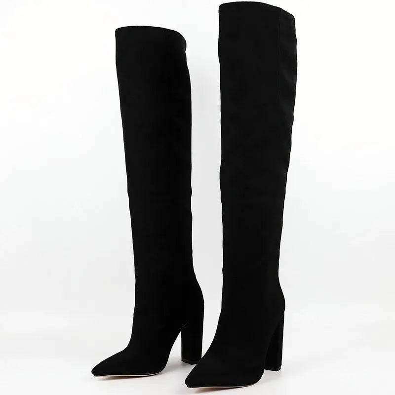 Women Boots Flock Leather Knee High Boots Slip On Autumn Winter Boots Shoes