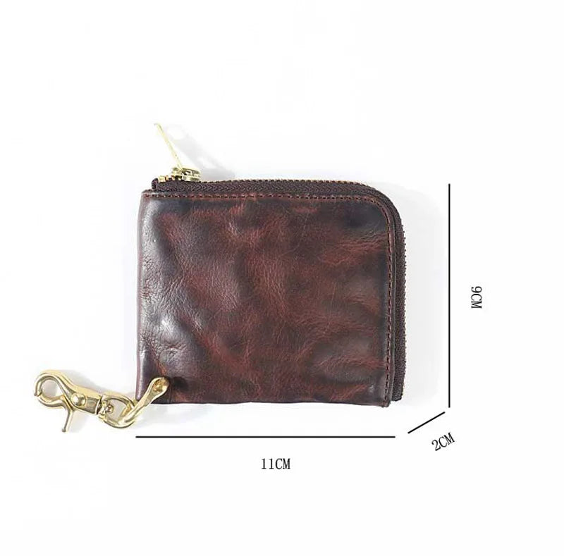 Original handmade leather coin purse retro fold men's short wallet zipper small wallet coin bag