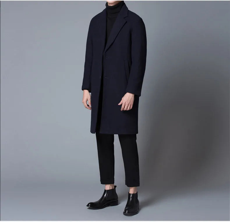 Woolen Overcoat Winter Men's Casual Mid-Length Coat Slim Solid Suit Windbreaker Men Jacket