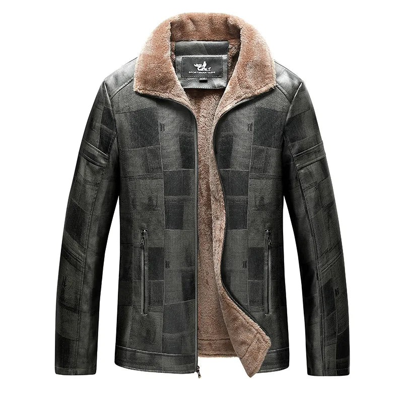 Men Winter Fleece Leather Jacket Business Casual Woolen Leather Coat Khaki Warm Coat for Male