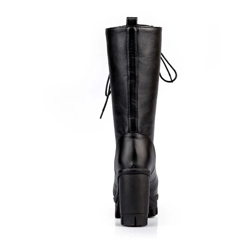 Spring Autumn Lacing Mid Calf Boots Women Square Heels Woman Motorcycle Boot