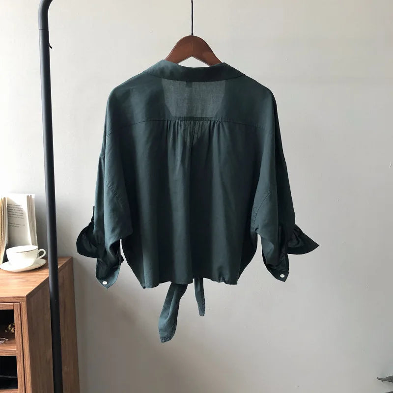 Linen Women Shirts Summer Collar Pocker Long-Sleeved Casual Female Outwear Tops