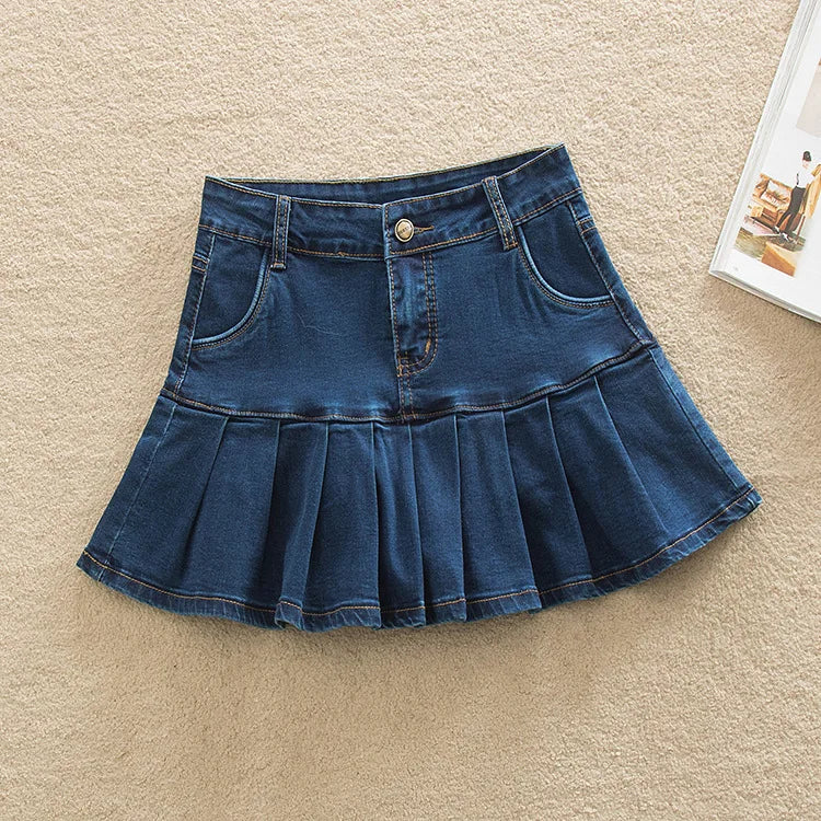 Skirts for Women Summer Patchwork Ruffles High Waist Shorts Skirt Woman Casual Pleated Denim Skirt