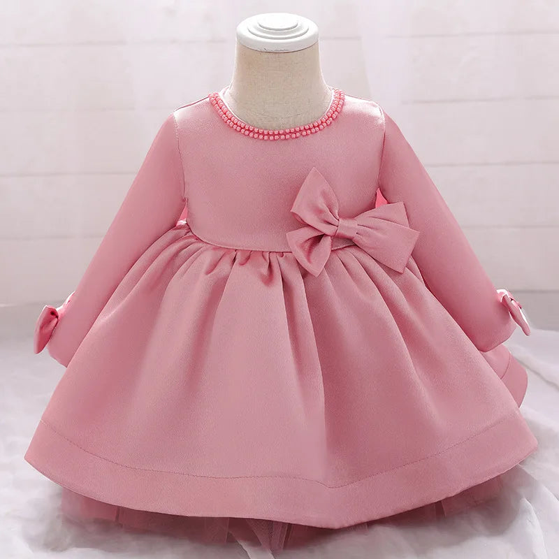 Flower Girls Pink Wedding Dresses Kids Long Sleeve Bead Appliques Lace Party Princess Birthday Dress Child Clothing