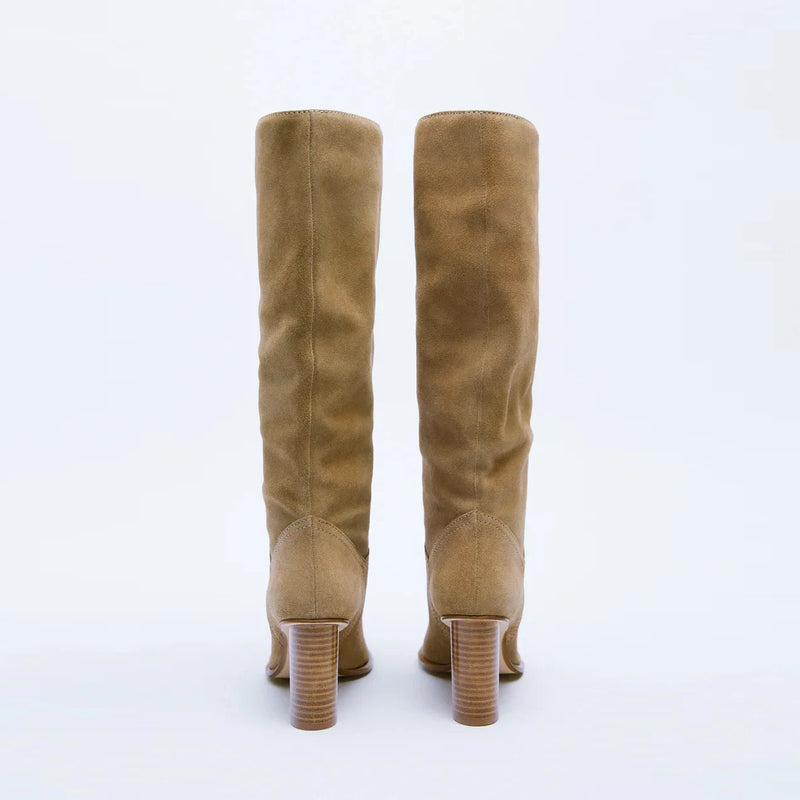 Women Winter Genuine Leather Knee High Boots Lady Pointed Toe High Heels Shoes