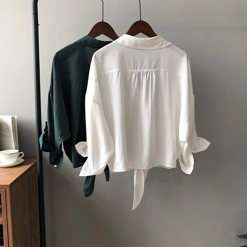 Linen Women Shirts Summer Collar Pocker Long-Sleeved Casual Female Outwear Tops