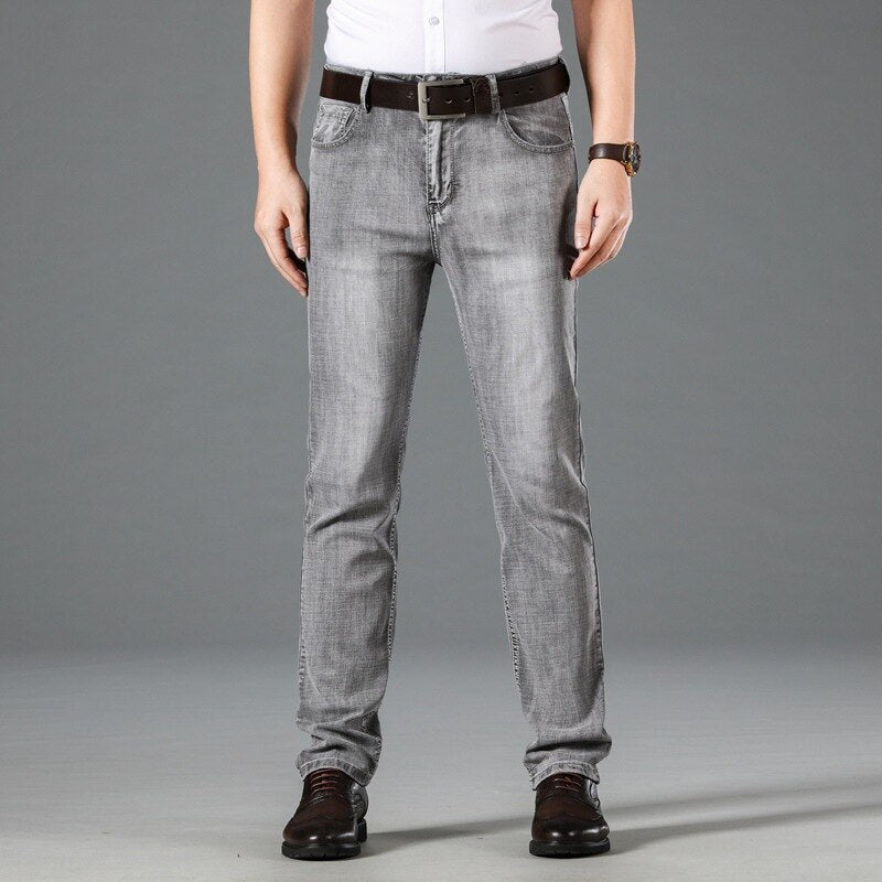 Men Thin High waist Jeans cotton Stretch Straight Denim pants Classic Straight pants