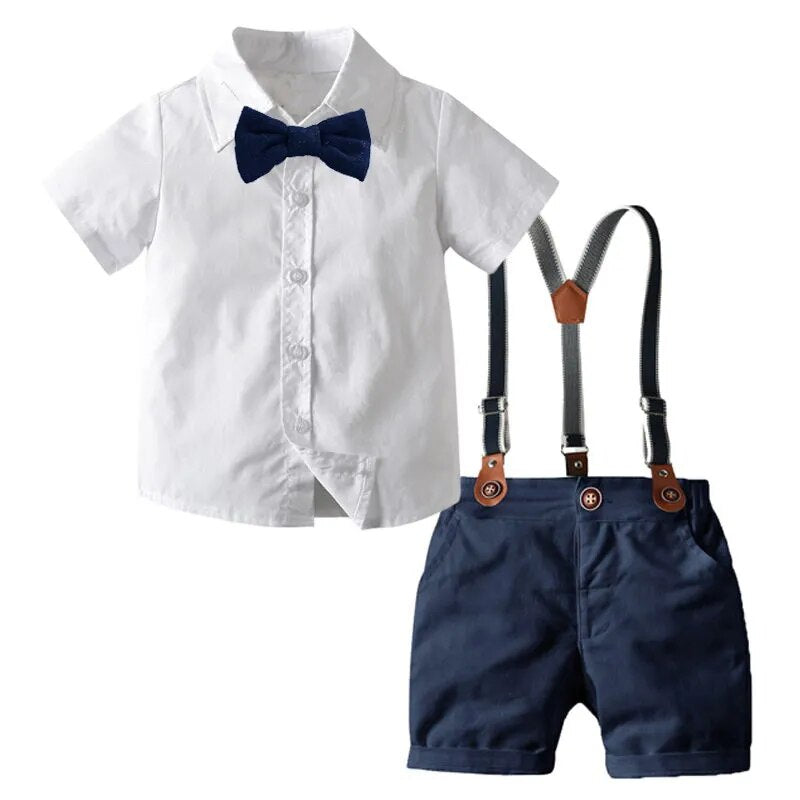 Boy Bow Gentleman Clothes White Shirt Navy Shorts with Suspenders Kids Children Holiday Outfits Short Sleeve Sets