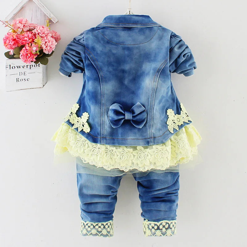 Spring Autumn Infant Toddler Baby Girl Denim Clothing Sets Long Sleeve T Shirt Tops Denim Jacket and Jeans Trousers