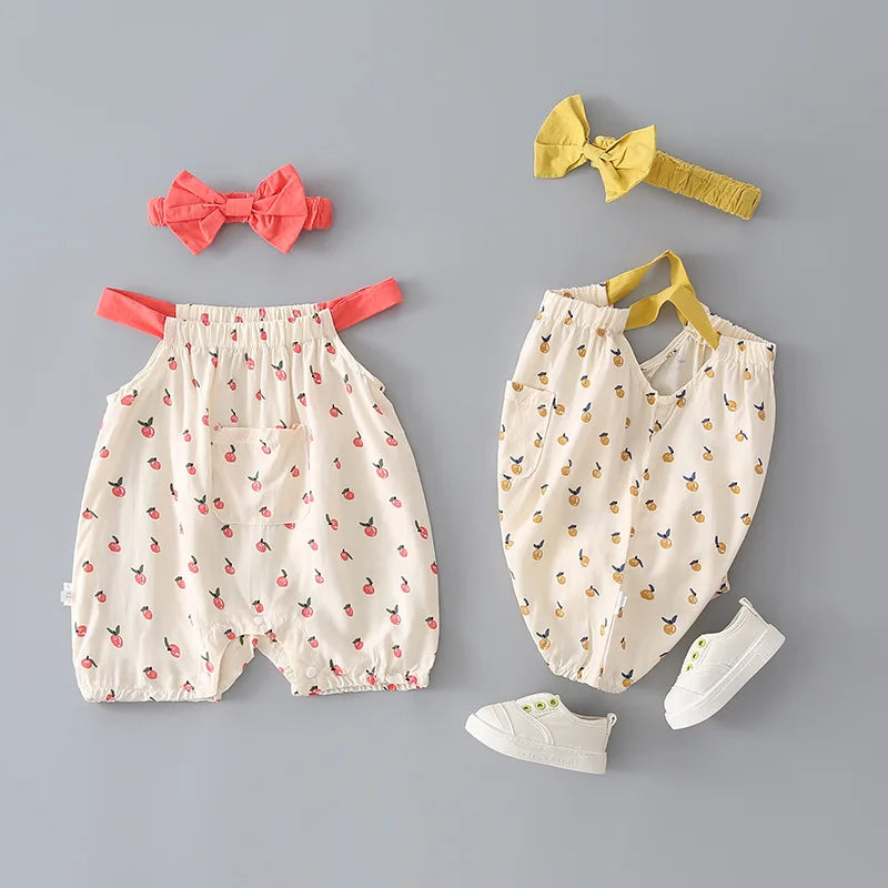 Baby Clothes Girl Summer Casual Baby Short Sleeve Cotton Rompers Head Band Fruits Toddler Princess Jumpsuits