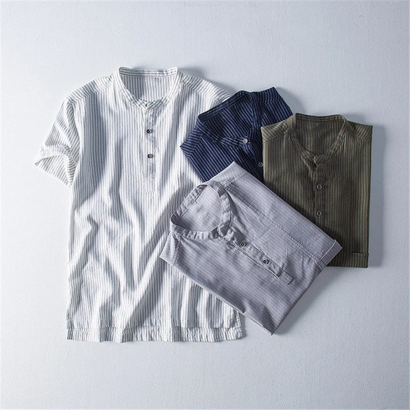 Men Striped Short Sleeve Linen Shirts Blouses Summer Soft Breathable Shirts Tops