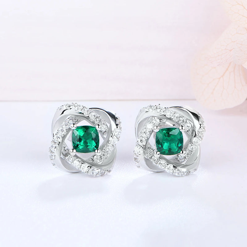 Sterling Silver Emerald Lab Grown Diamonds Ear Studs Cocktail Party Earrings Fine Jewelry