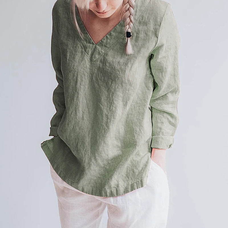 Linen V-Neck Shirt Autumn Women Basic Style Literary Simple T-Shirt Casual Loose Bottoming Shirts