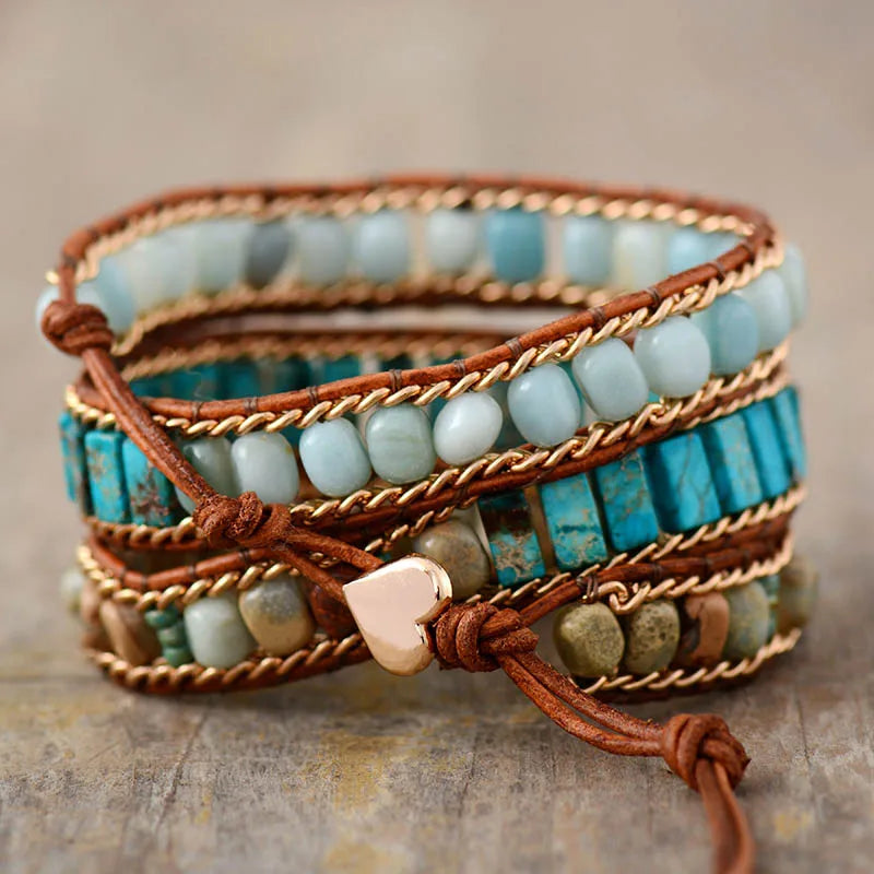 Handmade Multi Strand Leather Wrap Bracelet Vintage Natural Stone Weaving Wristband Cuff Bracelet Bohemian Jewelry