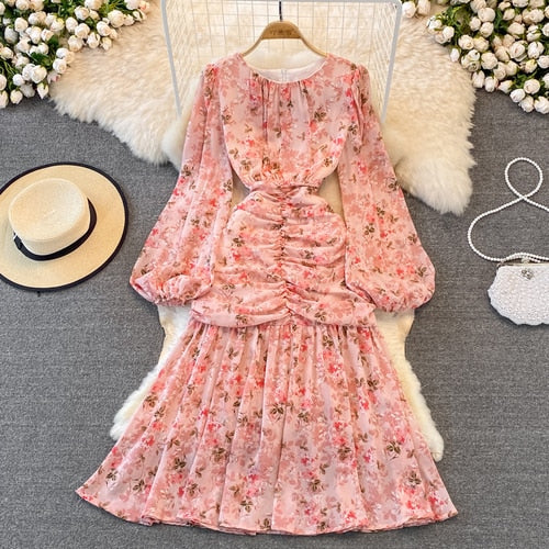 French Elegant Chiffon Dress Women Spring Autumn Puff Sleeve Sweet Floral Print Beach Dresses Ladies Bodycon Boho Dress