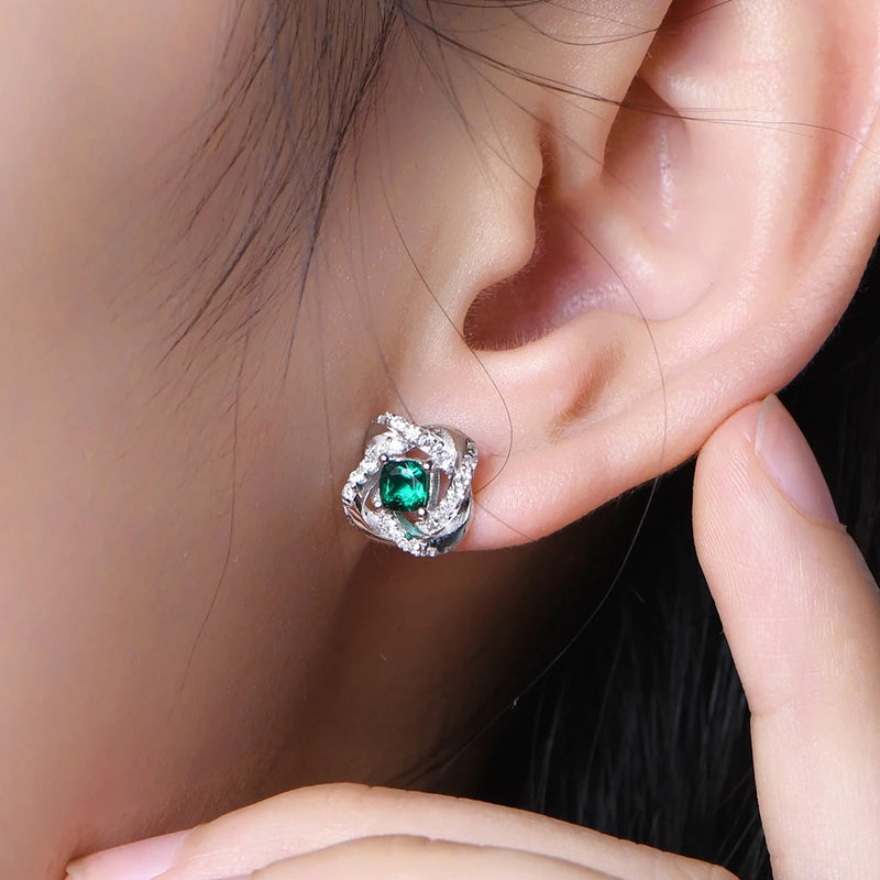 Sterling Silver Emerald Lab Grown Diamonds Ear Studs Cocktail Party Earrings Fine Jewelry