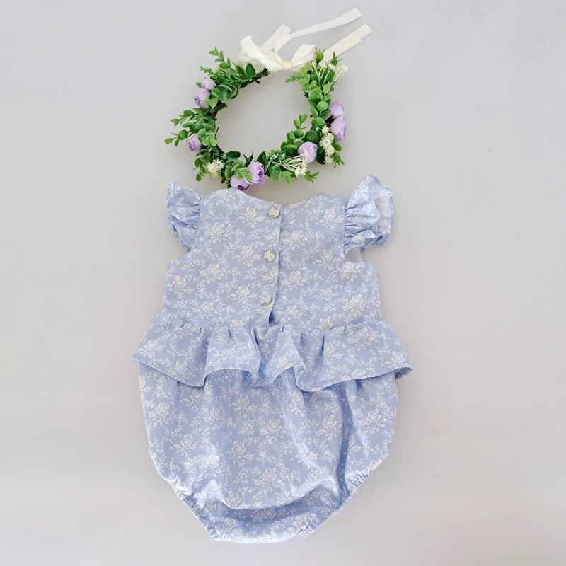 Petal Sleeve Round Neck Front Bow Decoration Retro Floral Pattern Newborn Baby Girls Romper