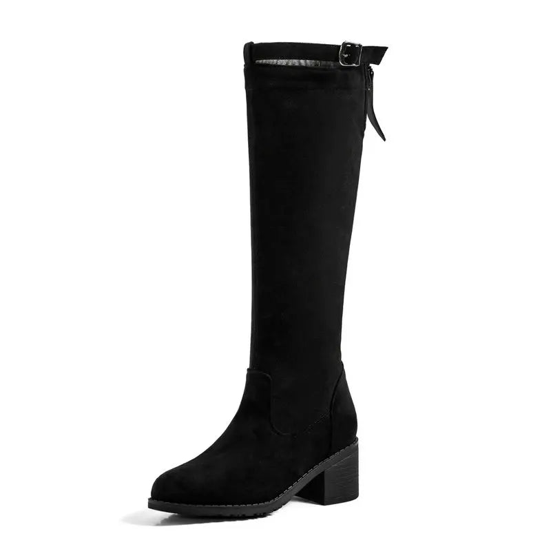 Flock Stretch Knee High Boots Autumn Women Square Long Boots Slip On Round Toe Women Shoes