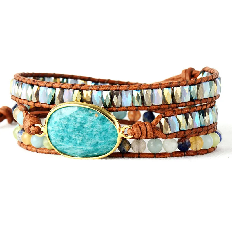 Exclusive Womens Bracelets High End Amazonite Stone Rhinestone Leather Wrap Bracelet Femme Boho Bracelets