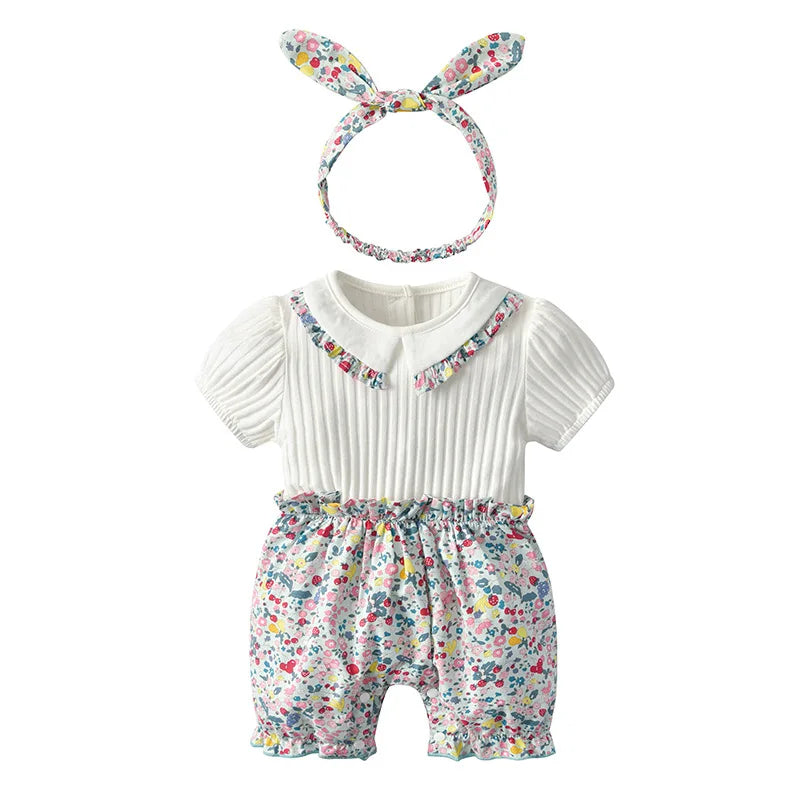 Newborn Baby Girl Romper Turn-down Collar Floral Baby Clothes Cotton Summer Toddler Jumpsuit Outfits Clothing with Hairband 0-2Y