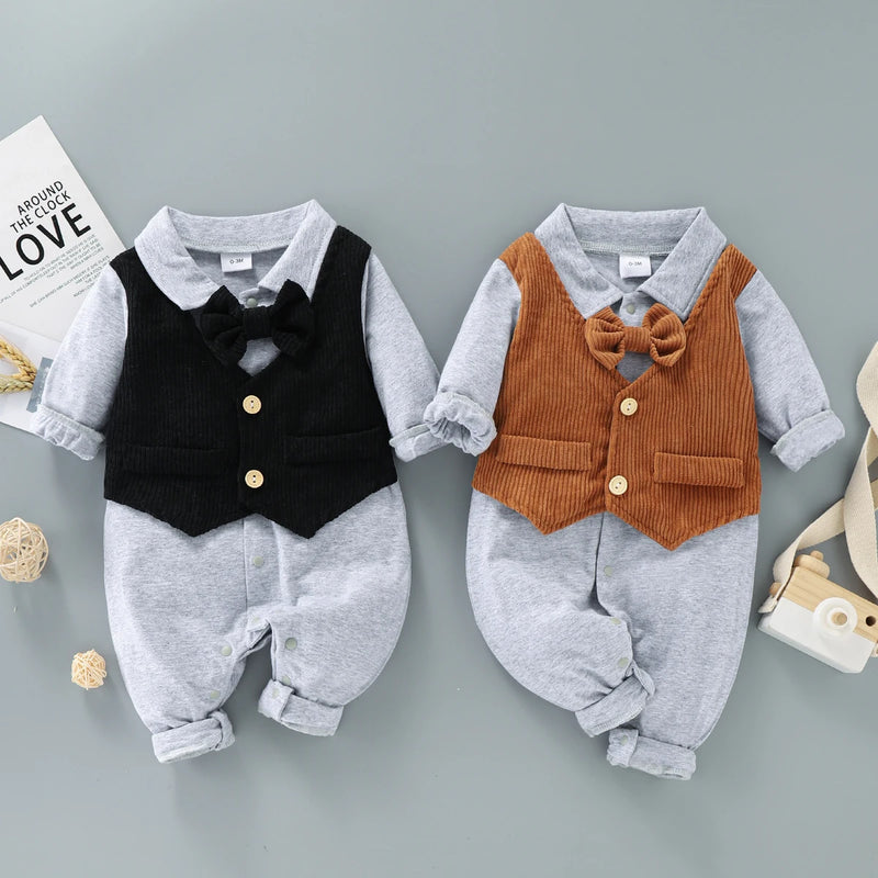 Cotton Romper Newborn Baby Boy Clothes 0 3 Months Soft  Button Long Sleeve Jumpsuit Patchwork Vest Outfits Gray Black Brown