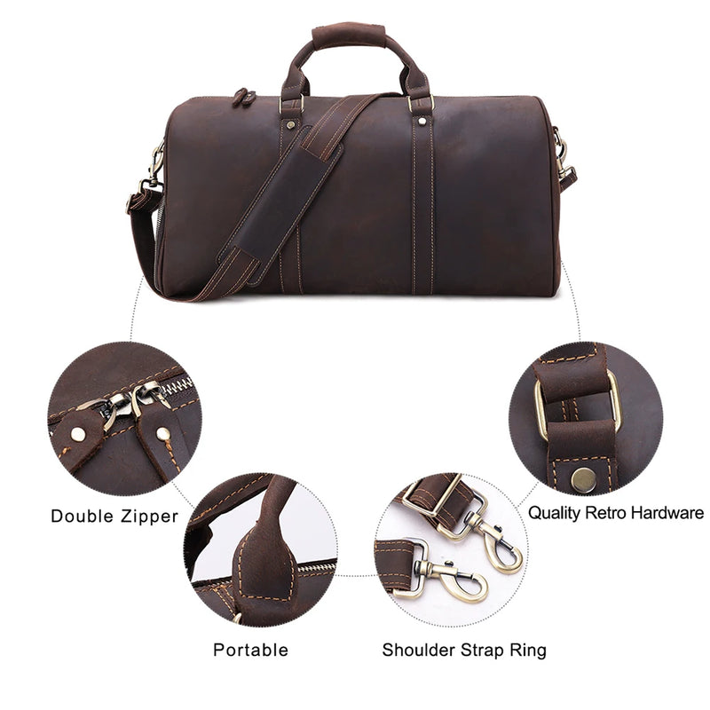 Genuine Leather Large Duffel Bag Business Men's Travel Bag Crazy Horse Leather Retro Travel Bag Male Weekend Duffel Bag