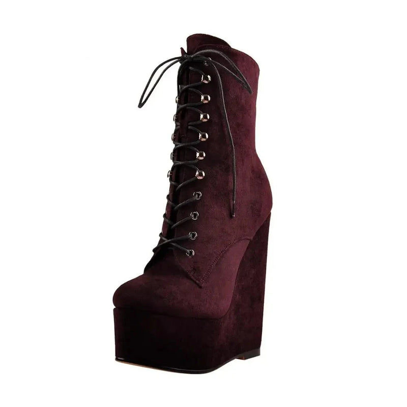 Women Burgundy Round Toe Lace-up Wedge High Heels Ankle Boots Winter