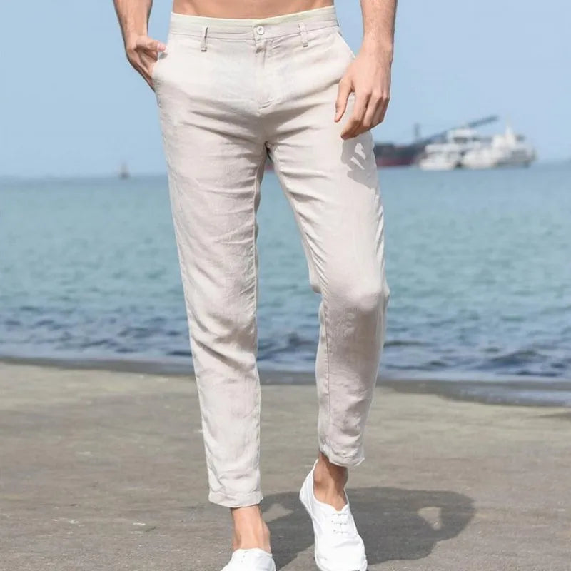 Summer Mens Casual Pants Linen Slim Fit Straight Ankle-Length Pants Men Sweatpants