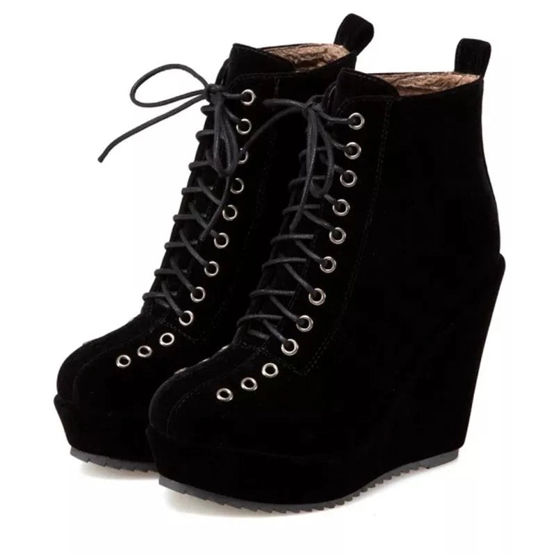 Women Ankle Boots Short Winter Shoes Wedge Heels Black Punk Female Footwear