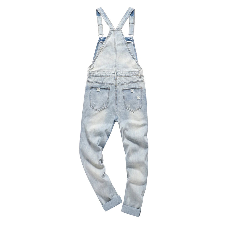 Men's Snow Washed Ripped Denim Bib Overalls Distressed Jumpsuits Coveralls Jeans