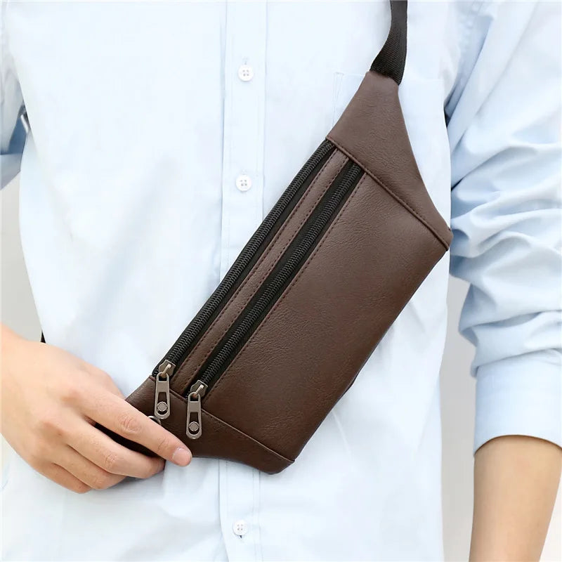 Men's Fanny Pack leather three-layer multi-purpose chest bag with earphone hole Sports money collection waist bag tide