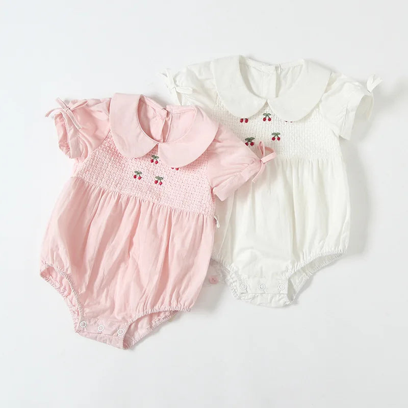 newborn baby bodysuits peter pan collar cherry embroidery baby girls clothes one piece baby outfit 2 Color