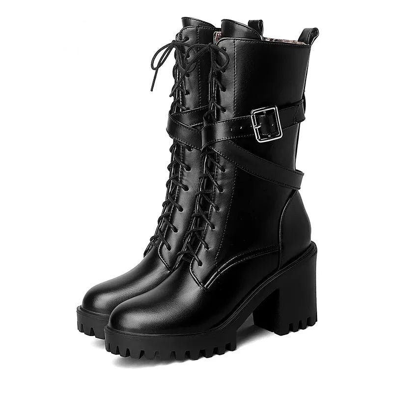 Women Mid-calf Boots Round Toe Thick High Heel Platform Shoes Soft Leather Punk Female Motorcycle Boots