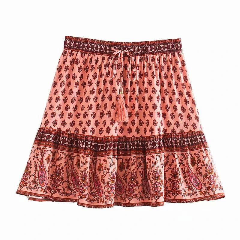 Chic Women Floral Beach Bohemian Skirt Elastic High Waist Rayon Cotton Boho Mini Skirts