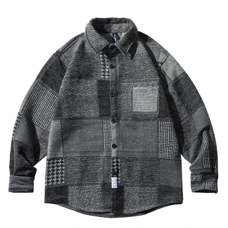 Autumn Winter Streetwear Retro Stitching Plaid Shirt Thick Casual Woollen Coat Men Clothes