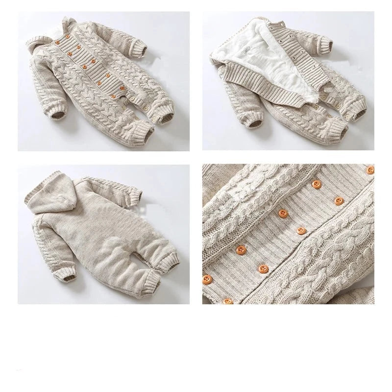 Thick Warm Infant Baby Rompers Winter Clothes Newborn Baby Boy Girl Knitted Sweater Jumpsuit Hooded Kid Toddler Outerwear