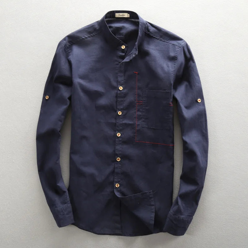 Men's Linen Shirts Slim Mandarin Collar Shirts Male Breathable Clothing Tops