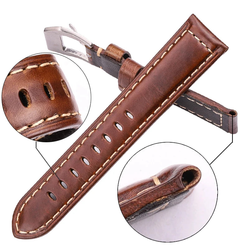 Genuine Leather Watchbands Dark Brown Vintage Watch Strap With Silver Black Stainless Steel Buckle