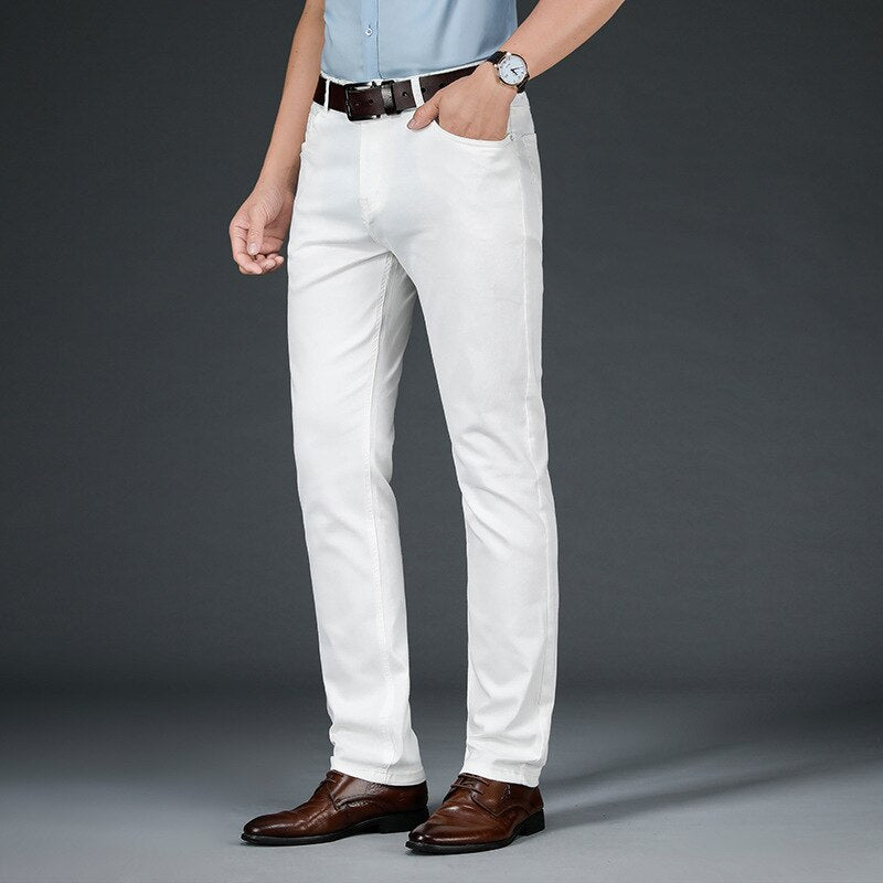 Casual Smart Pants Men Denim Trousers Clothing Thin Summer Style Straight Regular Fit White Pants For Men