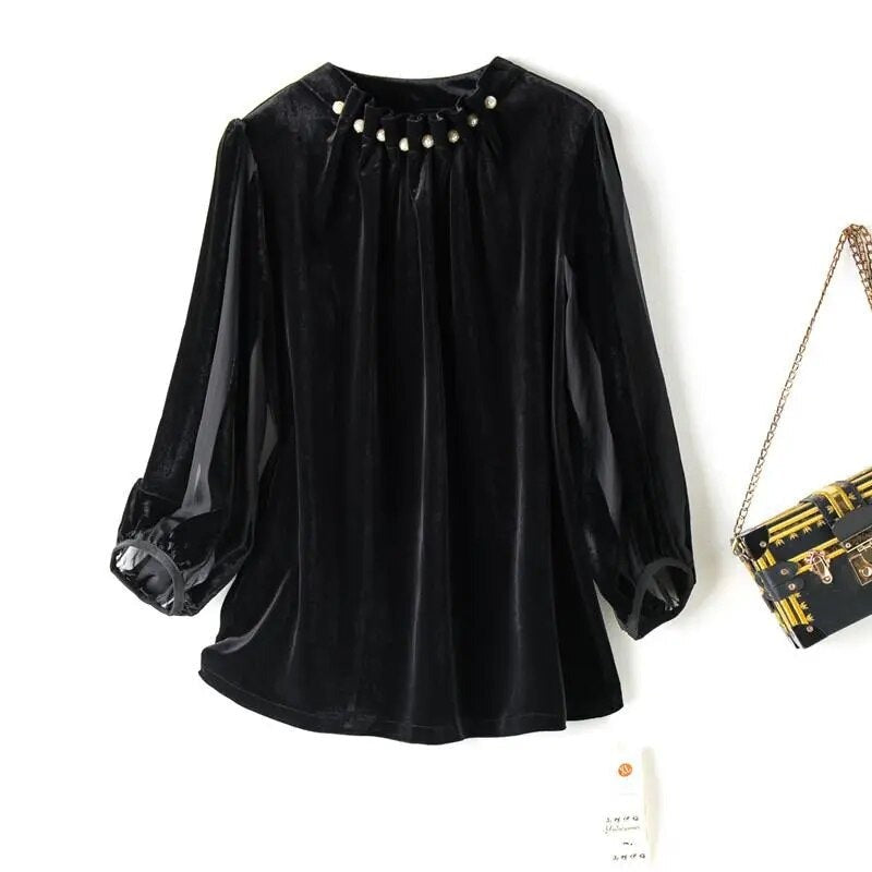 Neckline Beaded Style Lantern Sleeves Gold Velvet Slimming Bottoming Women T-shirts