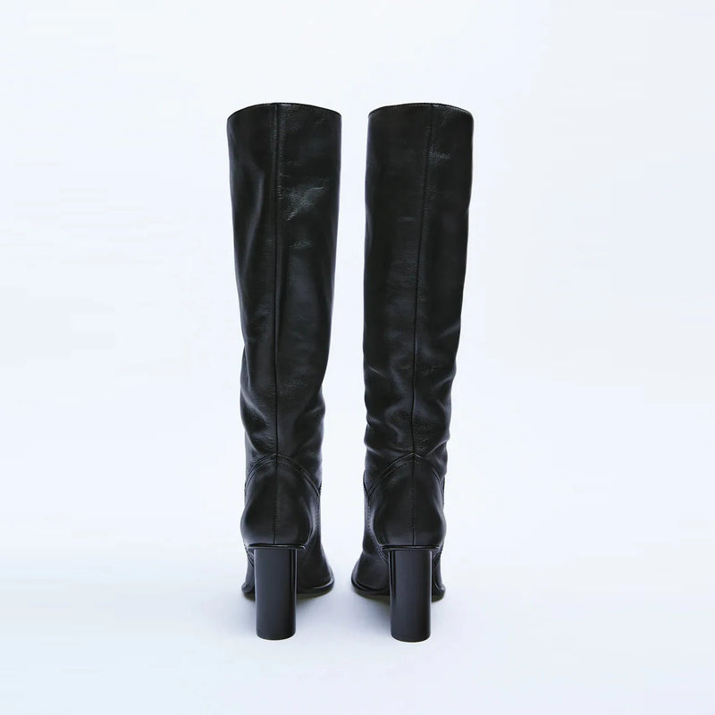 Women Winter Genuine Leather Knee High Boots Lady Pointed Toe High Heels Shoes