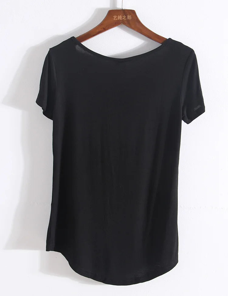 Summer Short Sleeve Loose Women V-neck Pure Color Soft T-shirt