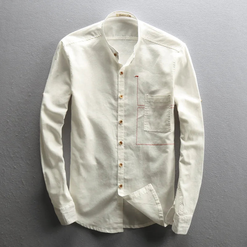 Men's Linen Shirts Slim Mandarin Collar Shirts Male Breathable Clothing Tops